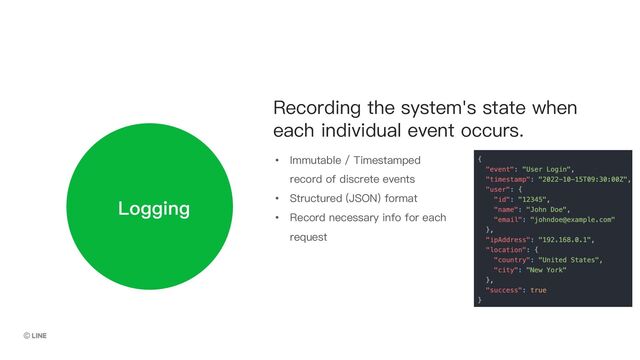 Logging
• Immutable / Timestamped
record of discrete events
• Structured (JSON) format
• Record necessary info for each
request
Recording the system's state when
each individual event occurs.
Logging
