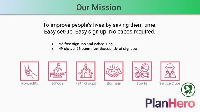 Our Mission
To improve people’s lives by saving them time.
Easy set-up. Easy sign up. No capes required.
● Ad-free signups and scheduling
● 49 states, 26 countries, thousands of signups
