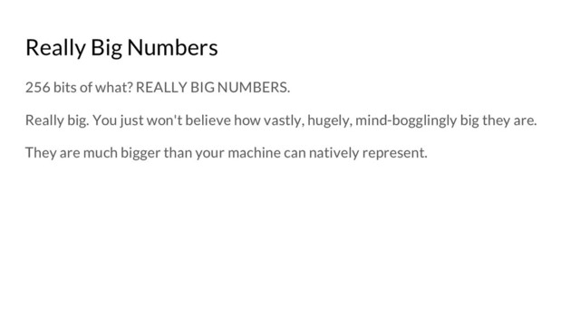 Really Big Numbers
256 bits of what? REALLY BIG NUMBERS.
Really big. You just won't believe how vastly, hugely, mind-bogglingly big they are.
They are much bigger than your machine can natively represent.
