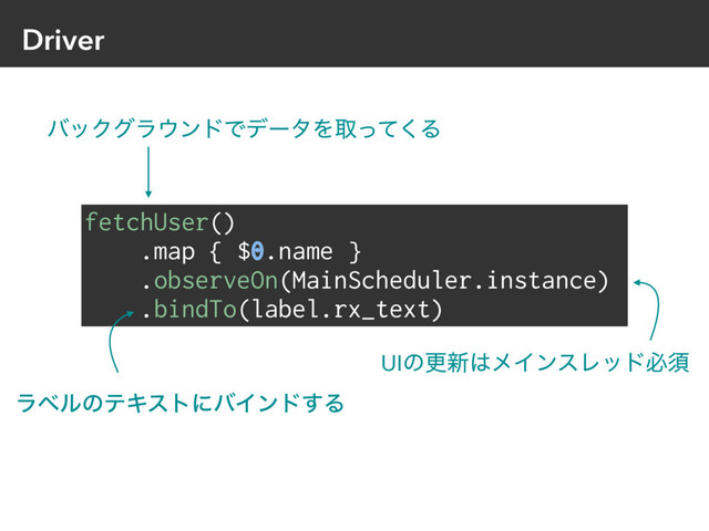 Driver
fetchUser()
.map { $0.name }
.observeOn(MainScheduler.instance)
.bindTo(label.rx_text)
όοΫάϥ΢ϯυͰσʔλΛऔͬͯ͘Δ
UIͷߋ৽͸ϝΠϯεϨουඞਢ
ϥϕϧͷςΩετʹόΠϯυ͢Δ
