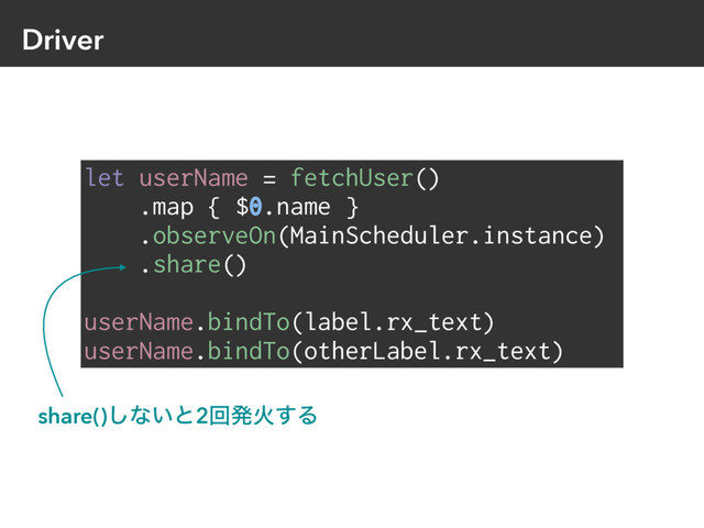 Driver
let userName = fetchUser()
.map { $0.name }
.observeOn(MainScheduler.instance)
.share()
userName.bindTo(label.rx_text)
userName.bindTo(otherLabel.rx_text)
share()͠ͳ͍ͱ2ճൃՐ͢Δ
