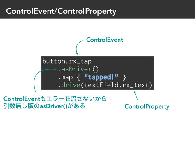 ControlEvent/ControlProperty
button.rx_tap
.asDriver()
.map { "tapped!" }
.drive(textField.rx_text)
ControlEvent΋ΤϥʔΛྲྀ͞ͳ͍͔Β
Ҿ਺ແ͠൛ͷasDriver()͕͋Δ
ControlEvent
ControlProperty
