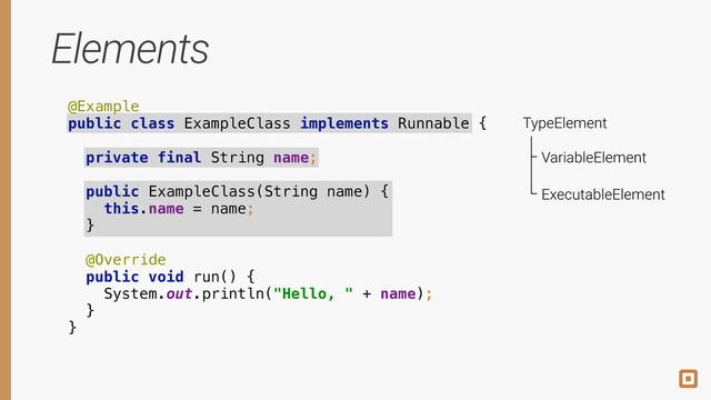 Elements
@Example 
public class ExampleClass implements Runnable {
 
private final String name; 
 
public ExampleClass(String name) { 
this.name = name; 
} 
 
@Override
public void run() { 
System.out.println("Hello, " + name); 
} 
}
TypeElement
VariableElement
ExecutableElement
