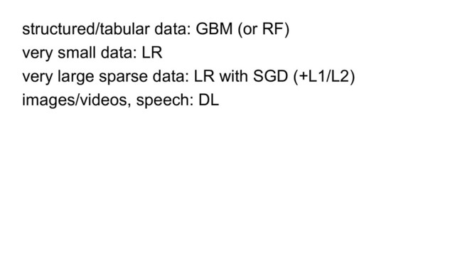 structured/tabular data: GBM (or RF)
very small data: LR
very large sparse data: LR with SGD (+L1/L2)
images/videos, speech: DL

