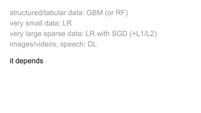 structured/tabular data: GBM (or RF)
very small data: LR
very large sparse data: LR with SGD (+L1/L2)
images/videos, speech: DL
it depends
