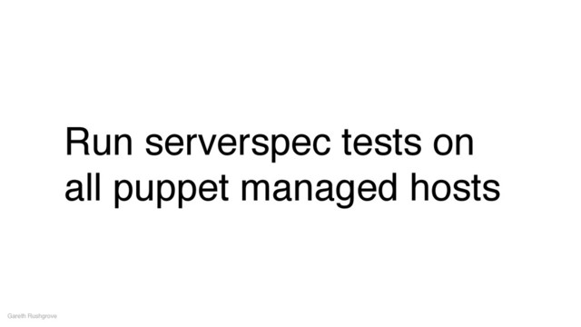 Run serverspec tests on
all puppet managed hosts
Gareth Rushgrove
