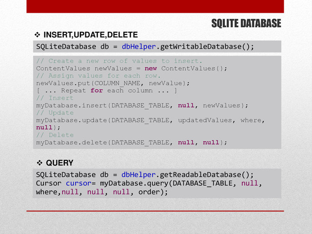 SQLITE DATABASE
 INSERT,UPDATE,DELETE
SQLiteDatabase db = dbHelper.getWritableDatabase();
 QUERY
SQLiteDatabase db = dbHelper.getReadableDatabase();
Cursor cursor= myDatabase.query(DATABASE_TABLE, null,
where,null, null, null, order);
// Create a new row of values to insert.
ContentValues newValues = new ContentValues();
// Assign values for each row.
newValues.put(COLUMN_NAME, newValue);
[ ... Repeat for each column ... ]
// Insert
myDatabase.insert(DATABASE_TABLE, null, newValues);
// Update
myDatabase.update(DATABASE_TABLE, updatedValues, where,
null);
// Delete
myDatabase.delete(DATABASE_TABLE, null, null);
