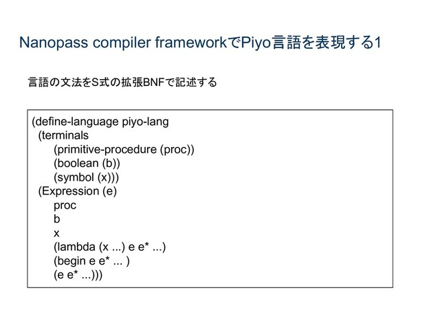 Nanopass compiler frameworkでPiyo言語を表現する1
言語の文法をS式の拡張BNFで記述する
(define-language piyo-lang
(terminals
(primitive-procedure (proc))
(boolean (b))
(symbol (x)))
(Expression (e)
proc
b
x
(lambda (x ...) e e* ...)
(begin e e* ... )
(e e* ...)))
