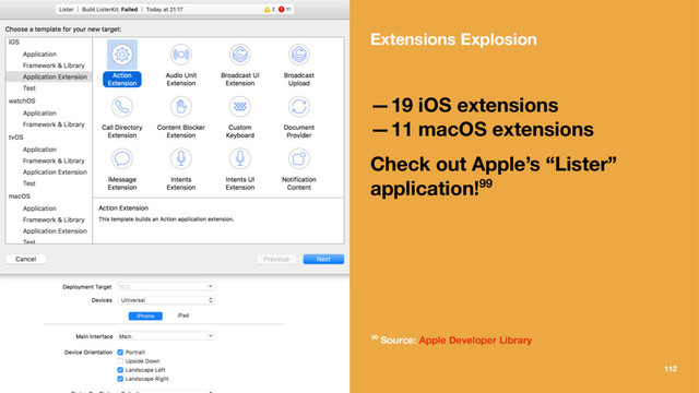 Extensions Explosion
—19 iOS extensions
—11 macOS extensions
Check out Apple’s “Lister”
application!99
99 Source: Apple Developer Library
© akosma 2016 112
