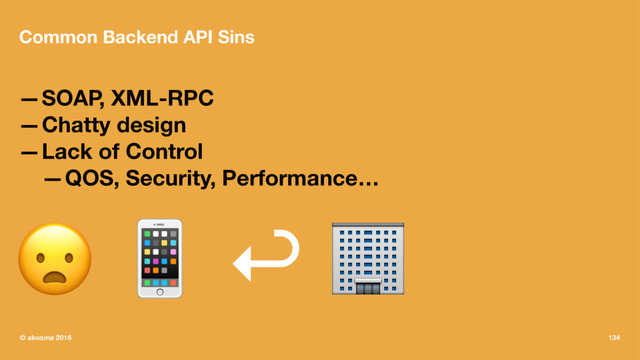 Common Backend API Sins
—SOAP, XML-RPC
—Chatty design
—Lack of Control
—QOS, Security, Performance…
! " ↩ #
© akosma 2016 134
