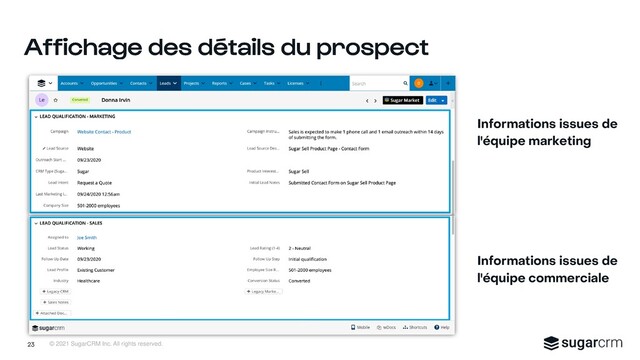 © 2021 SugarCRM Inc. All rights reserved.
23
Informations issues de
l'équipe marketing
Informations issues de
l'équipe commerciale
