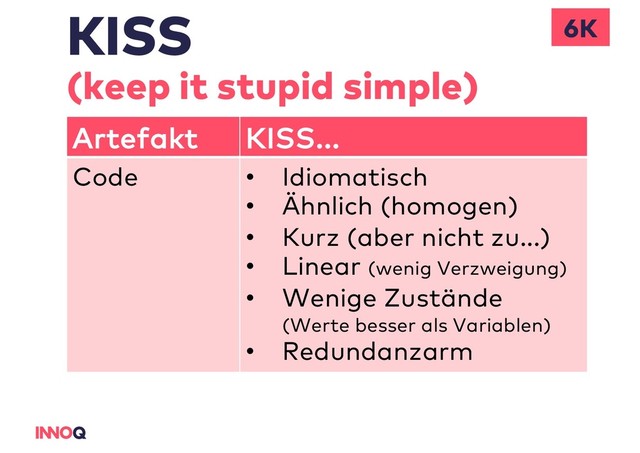 KISS
(keep it stupid simple)
6K
Artefakt KISS...
Code • Idiomatisch
• Ähnlich (homogen)
• Kurz (aber nicht zu...)
• Linear (wenig Verzweigung)
• Wenige Zustände
(Werte besser als Variablen)
• Redundanzarm
