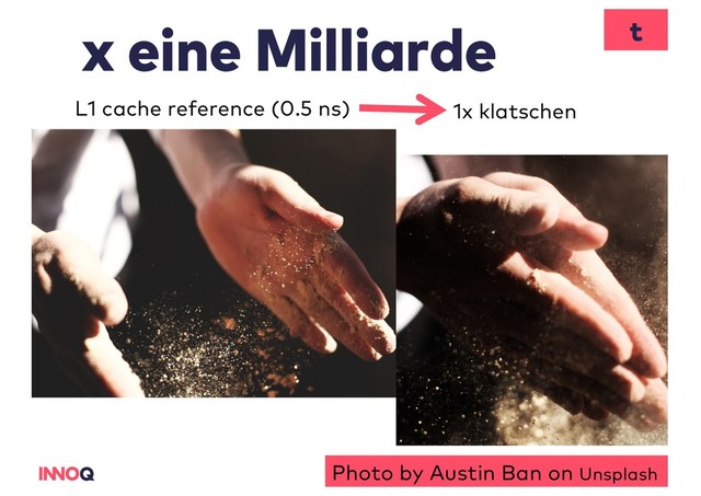 x eine Milliarde
Photo by Austin Ban on Unsplash
L1 cache reference (0.5 ns) 1x klatschen
t
