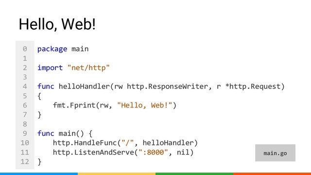 0
1
2
3
4
5
6
7
8
9
10
package main
import "net/http"
func helloHandler(rw http.ResponseWriter, r *http.Request)
{
fmt.Fprint(rw, "Hello, Web!")
}
func main() {
http.HandleFunc("/", helloHandler)
http.ListenAndServe(":8000", nil)
}
main.go
Hello, Web!
0
1
2
3
4
5
6
7
8
9
10
11
12
