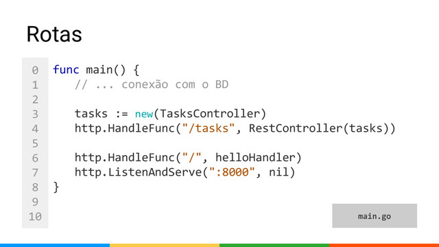 0
1
2
3
4
5
6
7
8
9
10
func main() {
// ... conexão com o BD
tasks := new(TasksController)
http.HandleFunc("/tasks", RestController(tasks))
http.HandleFunc("/", helloHandler)
http.ListenAndServe(":8000", nil)
}
Rotas
main.go
