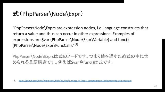 式（PhpParser\Node\Expr）
"PhpParser\Node\Exprs are expression nodes, i.e. language constructs that
return a value and thus can occur in other expressions. Examples of
expressions are $var (PhpParser\Node\Expr\Variable) and func()
(PhpParser\Node\Expr\FuncCall)."[1]
PhpParser\Node\Exprsは式のノードです。つまり値を返すため式の中に含
められる言語構造です。例えば$varやfunc()は式です。
32
1. https://github.com/nikic/PHP-Parser/blob/4.x/doc/2_Usage_of_basic_components.markdown#node-tree-structure
