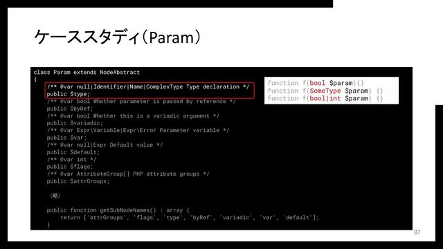 class Param extends NodeAbstract
{
/** @var null|Identifier|Name|ComplexType Type declaration */
public $type;
/** @var bool Whether parameter is passed by reference */
public $byRef;
/** @var bool Whether this is a variadic argument */
public $variadic;
/** @var Expr\Variable|Expr\Error Parameter variable */
public $var;
/** @var null|Expr Default value */
public $default;
/** @var int */
public $flags;
/** @var AttributeGroup[] PHP attribute groups */
public $attrGroups;
（略）
public function getSubNodeNames() : array {
return ['attrGroups', 'flags', 'type', 'byRef', 'variadic', 'var', 'default'];
}
ケーススタディ（Param）
87
function f(bool $param){}
function f(SomeType $param) {}
function f(bool|int $param) {}
