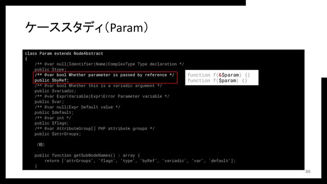 class Param extends NodeAbstract
{
/** @var null|Identifier|Name|ComplexType Type declaration */
public $type;
/** @var bool Whether parameter is passed by reference */
public $byRef;
/** @var bool Whether this is a variadic argument */
public $variadic;
/** @var Expr\Variable|Expr\Error Parameter variable */
public $var;
/** @var null|Expr Default value */
public $default;
/** @var int */
public $flags;
/** @var AttributeGroup[] PHP attribute groups */
public $attrGroups;
（略）
public function getSubNodeNames() : array {
return ['attrGroups', 'flags', 'type', 'byRef', 'variadic', 'var', 'default'];
}
ケーススタディ（Param）
88
function f(&$param) {}
function f($param) {}

