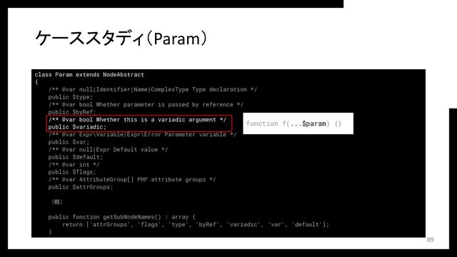 class Param extends NodeAbstract
{
/** @var null|Identifier|Name|ComplexType Type declaration */
public $type;
/** @var bool Whether parameter is passed by reference */
public $byRef;
/** @var bool Whether this is a variadic argument */
public $variadic;
/** @var Expr\Variable|Expr\Error Parameter variable */
public $var;
/** @var null|Expr Default value */
public $default;
/** @var int */
public $flags;
/** @var AttributeGroup[] PHP attribute groups */
public $attrGroups;
（略）
public function getSubNodeNames() : array {
return ['attrGroups', 'flags', 'type', 'byRef', 'variadic', 'var', 'default'];
}
ケーススタディ（Param）
89
function f(...$param) {}
