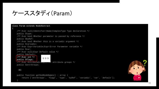 class Param extends NodeAbstract
{
/** @var null|Identifier|Name|ComplexType Type declaration */
public $type;
/** @var bool Whether parameter is passed by reference */
public $byRef;
/** @var bool Whether this is a variadic argument */
public $variadic;
/** @var Expr\Variable|Expr\Error Parameter variable */
public $var;
/** @var null|Expr Default value */
public $default;
/** @var int */
public $flags;
/** @var AttributeGroup[] PHP attribute groups */
public $attrGroups;
（略）
public function getSubNodeNames() : array {
return ['attrGroups', 'flags', 'type', 'byRef', 'variadic', 'var', 'default'];
}
ケーススタディ（Param）
92
？？？
