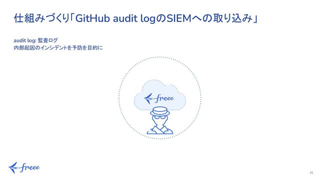51
audit log: 監査ログ
内部起因のインシデントを予防を目的に
仕組みづくり「GitHub audit logのSIEMへの取り込み」
