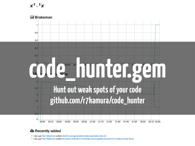 code_hunter.gem
Hunt out weak spots of your code
github.com/r7kamura/code_hunter
