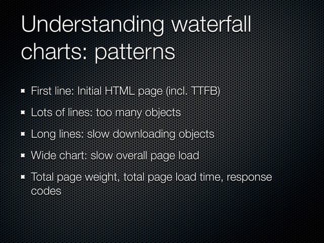 Understanding waterfall
charts: patterns
First line: Initial HTML page (incl. TTFB)
Lots of lines: too many objects
Long lines: slow downloading objects
Wide chart: slow overall page load
Total page weight, total page load time, response
codes

