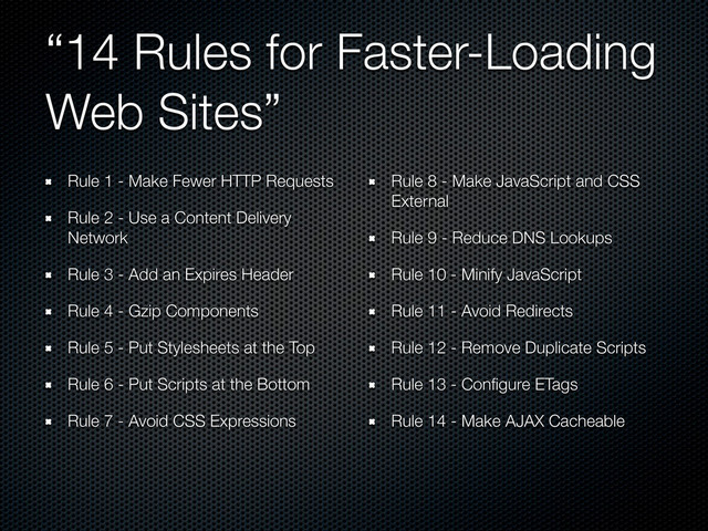 “14 Rules for Faster-Loading
Web Sites”
Rule 1 - Make Fewer HTTP Requests
Rule 2 - Use a Content Delivery
Network
Rule 3 - Add an Expires Header
Rule 4 - Gzip Components
Rule 5 - Put Stylesheets at the Top
Rule 6 - Put Scripts at the Bottom
Rule 7 - Avoid CSS Expressions
Rule 8 - Make JavaScript and CSS
External
Rule 9 - Reduce DNS Lookups
Rule 10 - Minify JavaScript
Rule 11 - Avoid Redirects
Rule 12 - Remove Duplicate Scripts
Rule 13 - Conﬁgure ETags
Rule 14 - Make AJAX Cacheable

