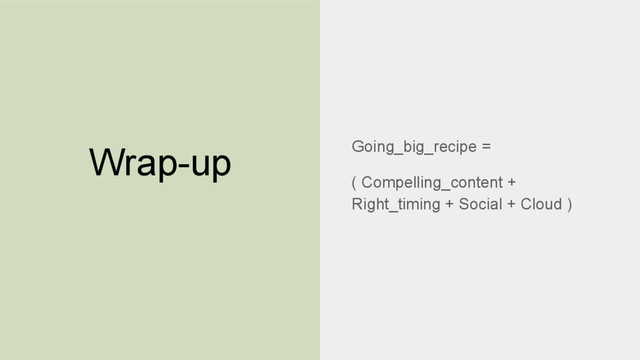 Wrap-up Going_big_recipe =
( Compelling_content +
Right_timing + Social + Cloud )
