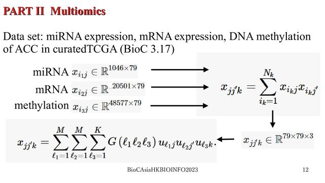BioCAsiaHKBIOINFO2023 12
PART II Multiomics
PART II Multiomics
Data set: miRNA expression, mRNA expression, DNA methylation
of ACC in curatedTCGA (BioC 3.17)
miRNA
mRNA
methylation
