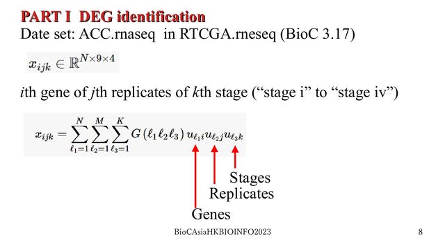 BioCAsiaHKBIOINFO2023 8
PART I DEG identification
PART I DEG identification
Date set: ACC.rnaseq in RTCGA.rneseq (BioC 3.17)
ith gene of jth replicates of kth stage (“stage i” to “stage iv”)
Genes
Replicates
Stages
