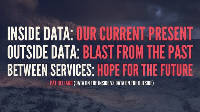 INSIDE DATA: OUR CURRENT PRESENT
OUTSIDE DATA: BLAST FROM THE PAST
BETWEEN SERVICES: HOPE FOR THE FUTURE
— PAT HELLAND (DATA ON THE INSIDE VS DATA ON THE OUTSIDE)
