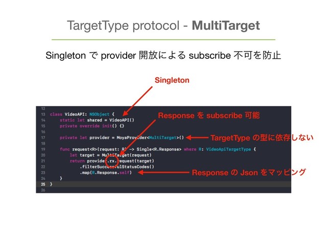 TargetType protocol - MultiTarget
Singleton Ͱ provider ։์ʹΑΔ subscribe ෆՄΛ๷ࢭ
Response ͷ Json ΛϚοϐϯά
Response Λ subscribe Մೳ
Singleton
TargetType ͷܕʹґଘ͠ͳ͍
