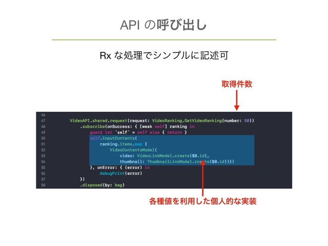 API ͷݺͼग़͠
Rx ͳॲཧͰγϯϓϧʹهड़Մ
औಘ݅਺
֤छ஋Λར༻ͨ͠ݸਓతͳ࣮૷
