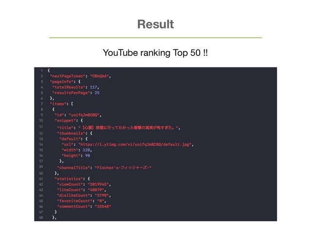 Result
YouTube ranking Top 50 !!
