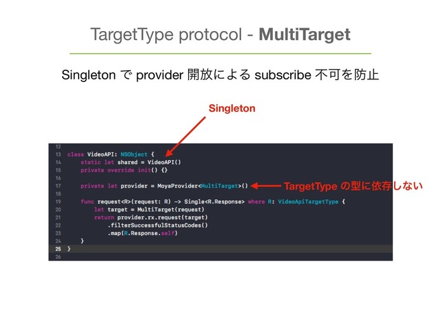 TargetType protocol - MultiTarget
Singleton Ͱ provider ։์ʹΑΔ subscribe ෆՄΛ๷ࢭ
Singleton
TargetType ͷܕʹґଘ͠ͳ͍
