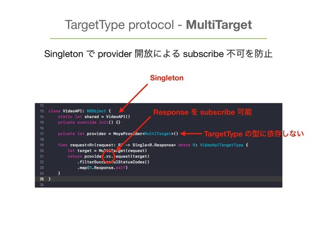 TargetType protocol - MultiTarget
Singleton Ͱ provider ։์ʹΑΔ subscribe ෆՄΛ๷ࢭ
Response Λ subscribe Մೳ
Singleton
TargetType ͷܕʹґଘ͠ͳ͍
