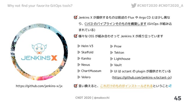 CNDT 2020 | @makocchi
Why not ﬁnd your favorite GitOps tools? #CNDT2020 #CNDT2020_A
45
https://github.com/jenkins-x/jx
Jenkins X が提供するものは前述の Flux や Argo CD とは少し異な
り、CI/CD のパイプラインそのものを構築します (GitOps が組み込
まれている)
様々な OSS が組み合わさって Jenkins X が成り立っています
Helm V3
Skaﬀold
Kaniko
Nexus
ChartMuseum
Velero
Prow
Tekton
Lighthouse
Vault
UI は octant の plugin が提供されている
(https://github.com/jenkins-x/octant-jx)
言い換えると、これだけのものがインストールされるということ
