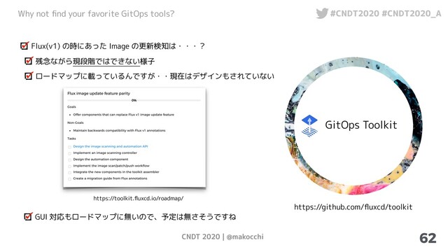 CNDT 2020 | @makocchi
Why not ﬁnd your favorite GitOps tools? #CNDT2020 #CNDT2020_A
62
GitOps Toolkit
https://github.com/ﬂuxcd/toolkit
Flux(v1) の時にあった Image の更新検知は・・・？
残念ながら現段階ではできない様子
ロードマップに載っているんですが・・現在はデザインもされていない
https://toolkit.ﬂuxcd.io/roadmap/
GUI 対応もロードマップに無いので、予定は無さそうですね
