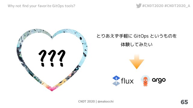 CNDT 2020 | @makocchi
Why not ﬁnd your favorite GitOps tools? #CNDT2020 #CNDT2020_A
65
??
?
とりあえず手軽に GitOps というものを
体験してみたい
