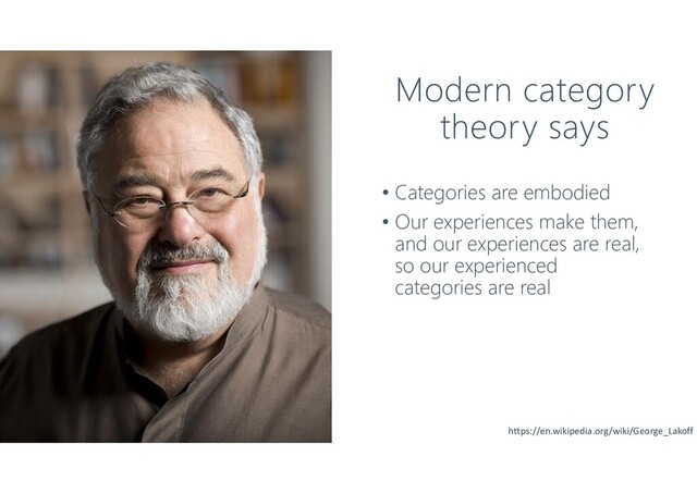 Modern category
theory says
• Categories are embodied
• Our experiences make them,
and our experiences are real,
so our experienced
categories are real
https://en.wikipedia.org/wiki/George_Lakoff
