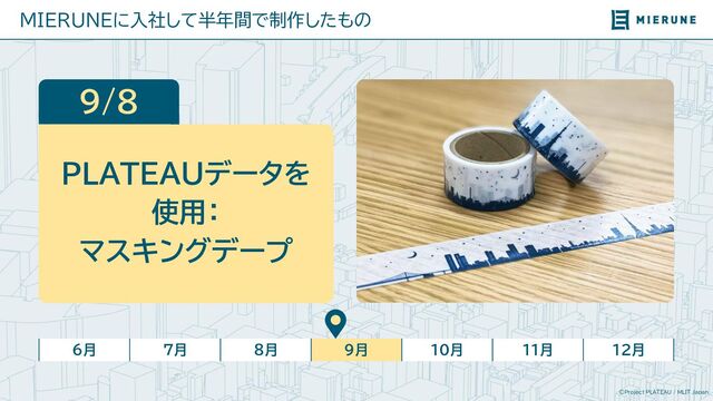 ©Project PLATEAU / MLIT Japan
MIERUNEに入社して半年間で制作したもの
6月 7月 8月 9月 10月 11月 12月
9/8
PLATEAUデータを
使用：
マスキングデープ
