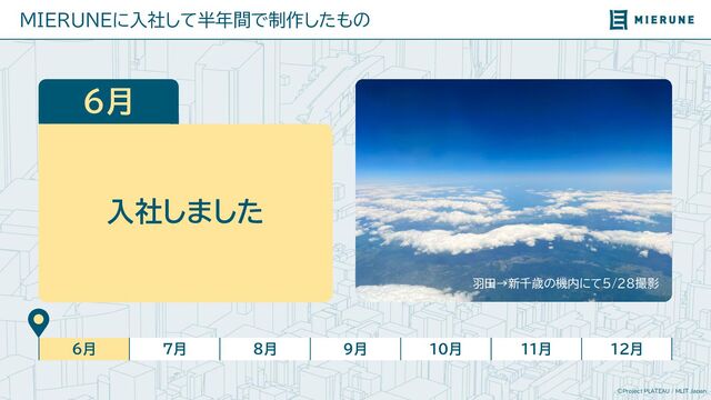 ©Project PLATEAU / MLIT Japan
MIERUNEに入社して半年間で制作したもの
6月 7月 8月 9月 10月 11月 12月
6月
入社しました
羽田→新千歳の機内にて5/28撮影
