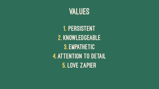 VALUES
1. Persistent
2. Knowledgeable
3. Empathetic
4. Attention to detail
5. Love Zapier
