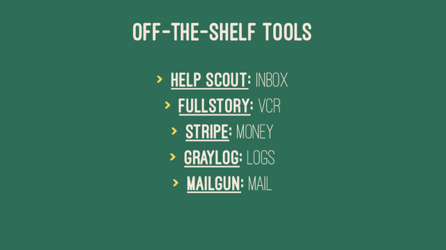 OFF-THE-SHELF TOOLS
> Help Scout: Inbox
> FullStory: VCR
> Stripe: Money
> Graylog: Logs
> Mailgun: Mail
