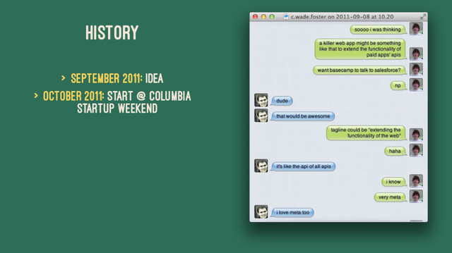 HISTORY
> September 2011: Idea
> October 2011: Start @ Columbia
Startup Weekend
