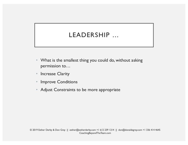 LEADERSHIP …
• What is the smallest thing you could do, without asking
permission to…
• Increase Clarity
• Improve Conditions
• Adjust Constraints to be more appropriate
