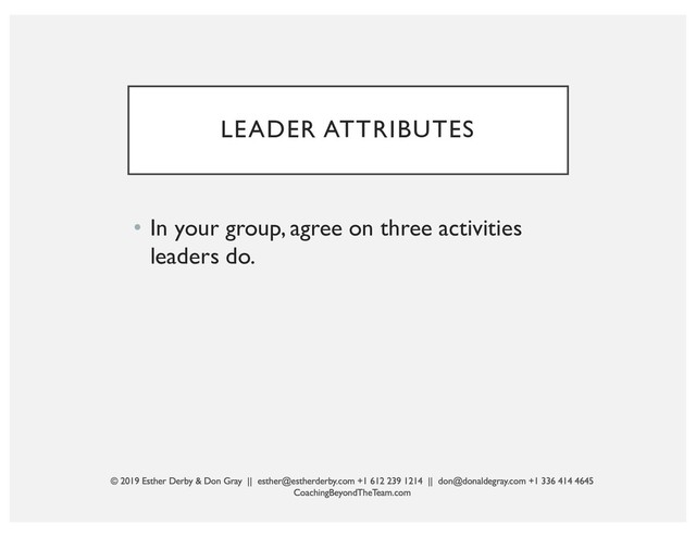LEADER ATTRIBUTES
• In your group, agree on three activities
leaders do.
