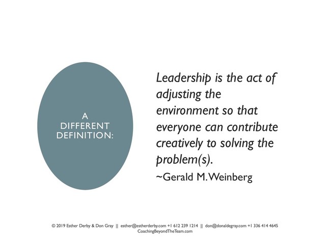 A
DIFFERENT
DEFINITION:
Leadership is the act of
adjusting the
environment so that
everyone can contribute
creatively to solving the
problem(s).
~Gerald M. Weinberg
