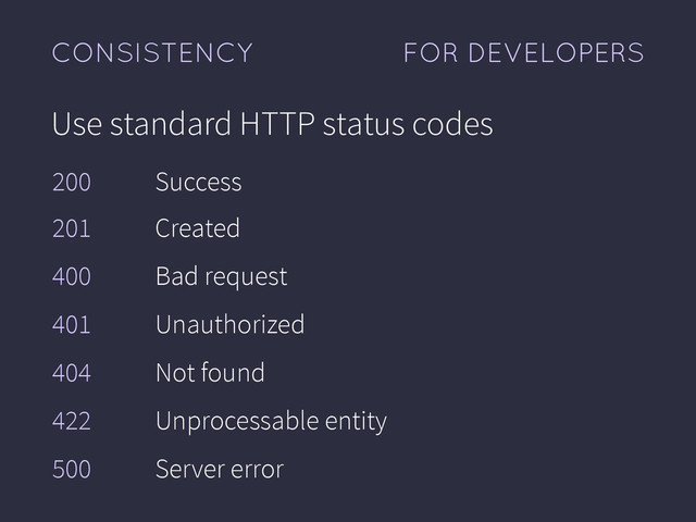 FOR DEVELOPERS
CONSISTENCY
Use standard HTTP status codes
200 Success
201 Created
400 Bad request
401 Unauthorized
404 Not found
422 Unprocessable entity
500 Server error
